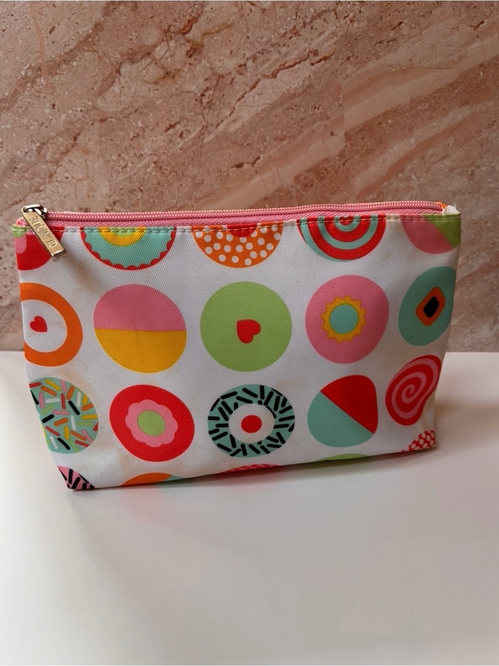 Clinique White Cosmetic Pouch with Multicolor Donut Circles and Pink Zipper